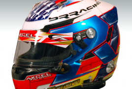 Rob Todd helmet with the USA flag along the top and the initials R.T. on the side. Features a red, blue, white and yellow color scheme.