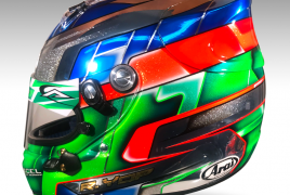Ryan Yop helmet featuring a chrome base with blue, green and orange colors.
